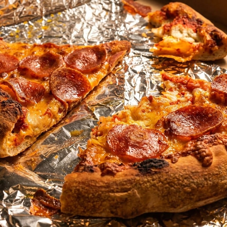 Several slices of pepperoni pizza with crispy crust and melted cheese in a foil-lined box.