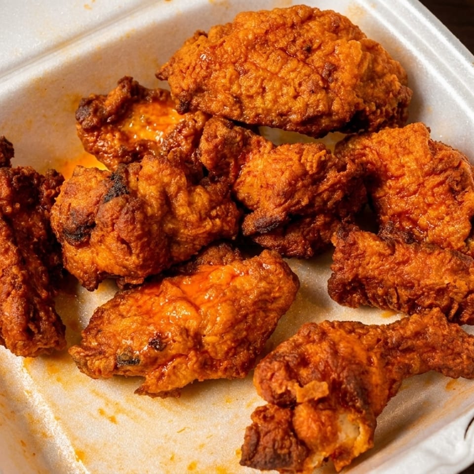 Crispy, orange-red fried chicken wings with sauce in a white styrofoam takeout container.