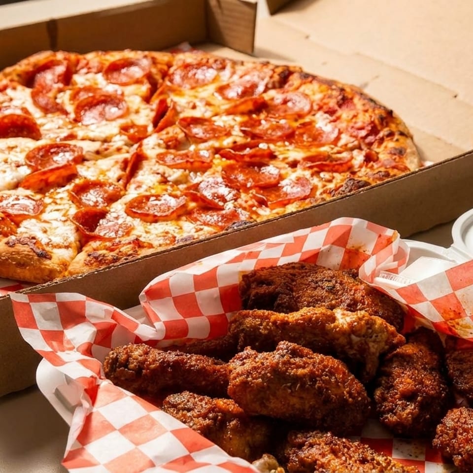 Pepperoni pizza in a cardboard box next to a container of fried chicken wings.