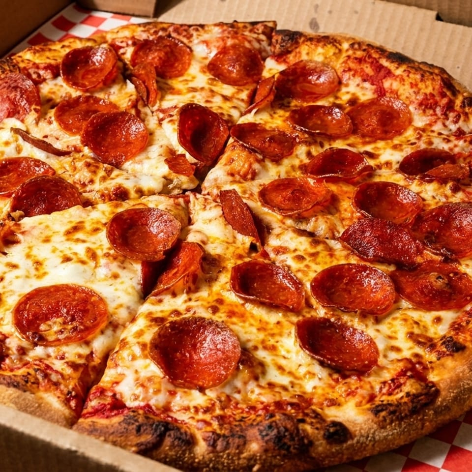 A whole pepperoni pizza with melted cheese and a crispy crust, in an open pizza box.
